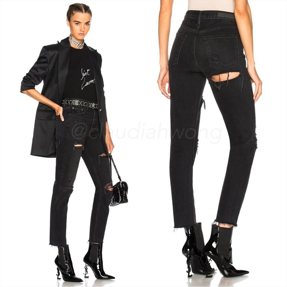 GRLFRND Ripped High Rise Button Fly Jeans in Grey Black - Picture 4 of 14